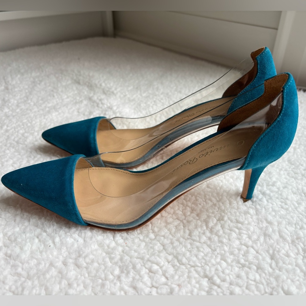 Gianvito Rossi Designer Teal Blue Suede Plexi Heels (37) - Picture 3 of 5